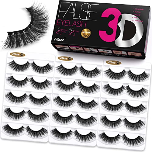 Eliace False Eyelashes 15 Pairs Lashes Natural look Cat Eye Lashes Wispy, 3D Mink lashes Fluffy Long Thick, Fake Eyelashes Cross Wispy Volume Lash Soft Reusable Dramatic, Sierra Style