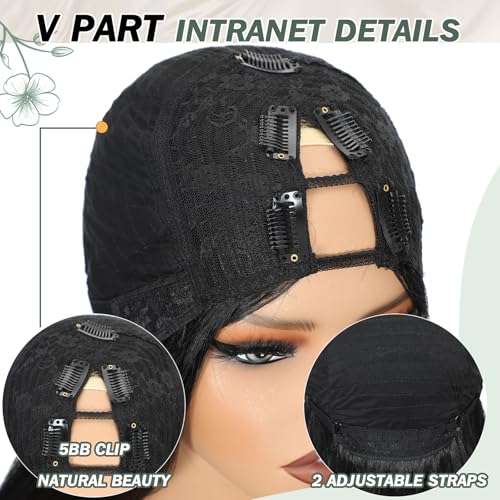 24 Inch Black V Part Wig for Black Women Natural Straight Clip-In Glueless Synthetic Hair