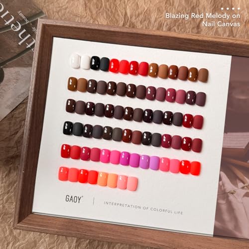 GAOY 42 Pcs Gel Nail Polish Set - Fiery Passion Variation, 39 Red Brown Colors, UV & Base Coat Included