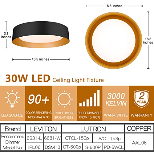 16.5-Inch Matte Black Flush Mount Ceiling Light with Gold Interior - Modern Minimalist Design