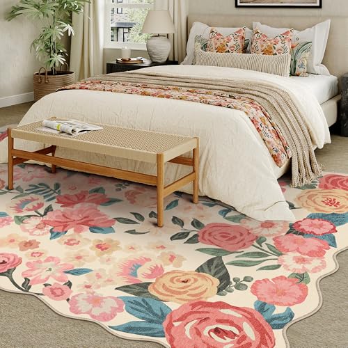 Scalloped Beige Floral Area Rug 8x10 - Washable Vintage Carpet for Living Room