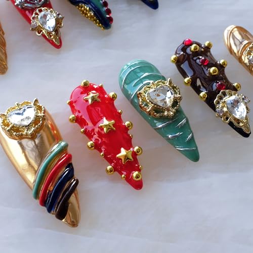 Luxury Handmade Press On Nails, Vintage Bohemian Style, Long Stiletto Shape, Crystal Heart Gems, Gold Stars Design, 10 Pieces (Small, LS)