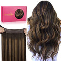 Wire Hair Extensions - Remy Human Hair with Invisible Transparent Wire - Balayage Dark Brown & Chestnut Brown - 16 Inch, 95g