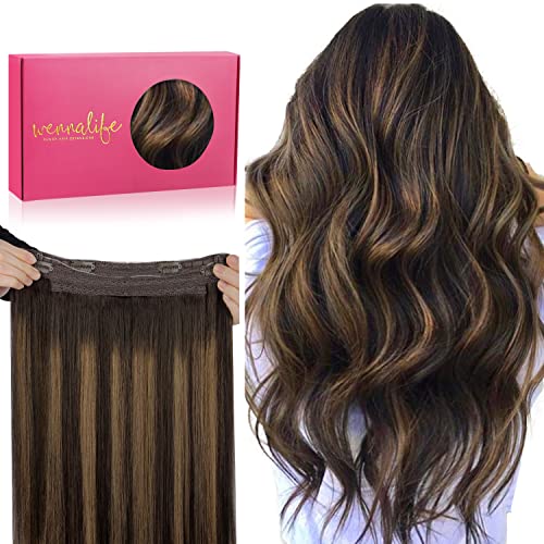 Wire Hair Extensions - Remy Human Hair with Invisible Transparent Wire - Balayage Dark Brown & Chestnut Brown - 16 Inch, 95g