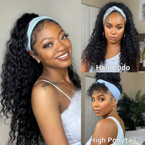Deep Wave Headband Wig 18 Inch Human Hair Curly No Lace Glueless for Black Women - Natural Color