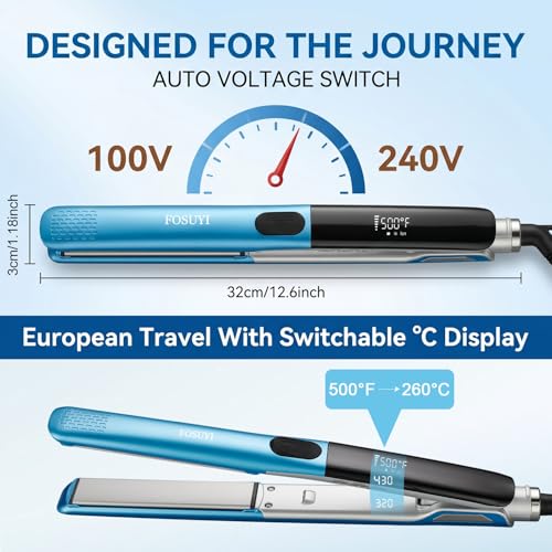 FOSUYI 500°F High Temp 1-Inch Ceramic Flat Iron with 2 in 1 Straightener & Curler, Negative Ion, Dual Voltage Travel Hair Styler