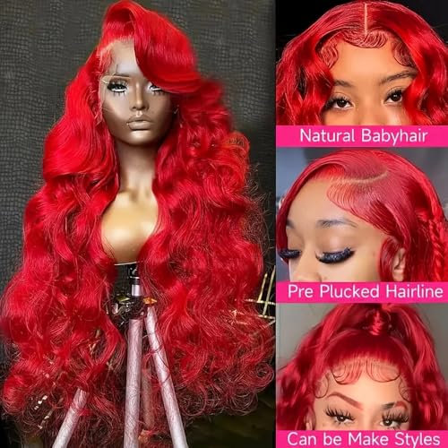 Red Lace Front Wig 13x4 HD Transparent Swiss Lace Body Wave 26 Inch Pre-Plucked Glueless Synthetic Hair for Black Women - Bright Red