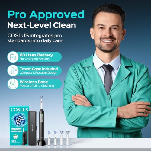 COSLUS C60 Black Rechargeable Rotating Electric Toothbrush for Adults - Travel Case Included