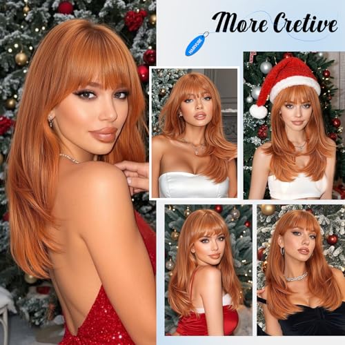 HAIRCUBE Orange Layered Long Straight Synthetic Wig with Bangs - Heat Resistant & Natural Look