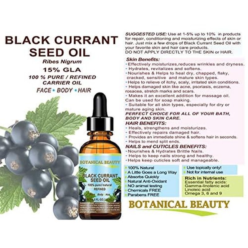Botanical Beauty BLACK CURRANT SEED OIL. 100% Pure Natural Undiluted Refined Cold Pressed Carrier Oil for Skin, Hair, Lip and Nail Care (0.5 Fl Oz)