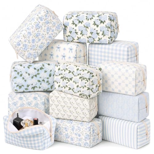 Kacctyen 12 Pack Vintage Blue Floral Bow Makeup Bags 8.3 x 3.7 x 3.5 Inches Classic
