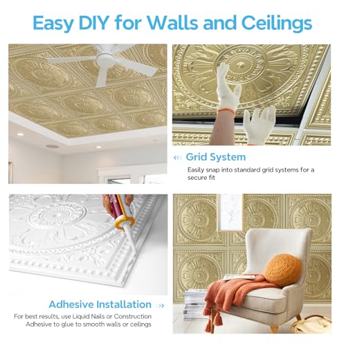 Drop Ceiling Tiles 24x24 Inches Waterproof PVC Panel Pack of 12 Champagne Gold