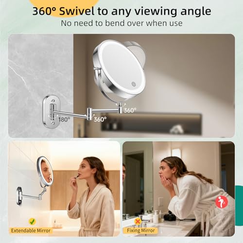 FUNTOUCH 5000mAh Rechargeable Wall-Mounted Makeup Mirror with Light - Polished Chrome