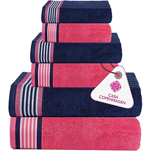CASA COPENHAGEN He & She 6 Pieces Towel Set- Dutch Blue + Pink, 550 GSM 2 Bath Towel 2 Hand Towel 2 Washcloth, Designed in Denmark Made of Soft Egyptian Cotton for Bathroom, Kitchen & Shower