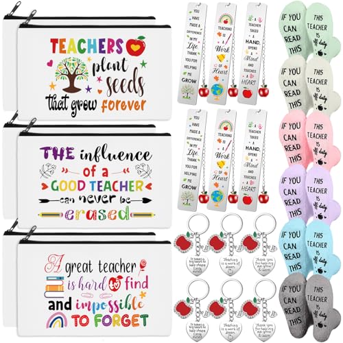 Paterr 24 Pcs Teacher Appreciation Gifts for Women Bulk Including Socks Makeup Bags Keychain Metal Bookmark for Valentine's Day(Good Teacher,Fleece)