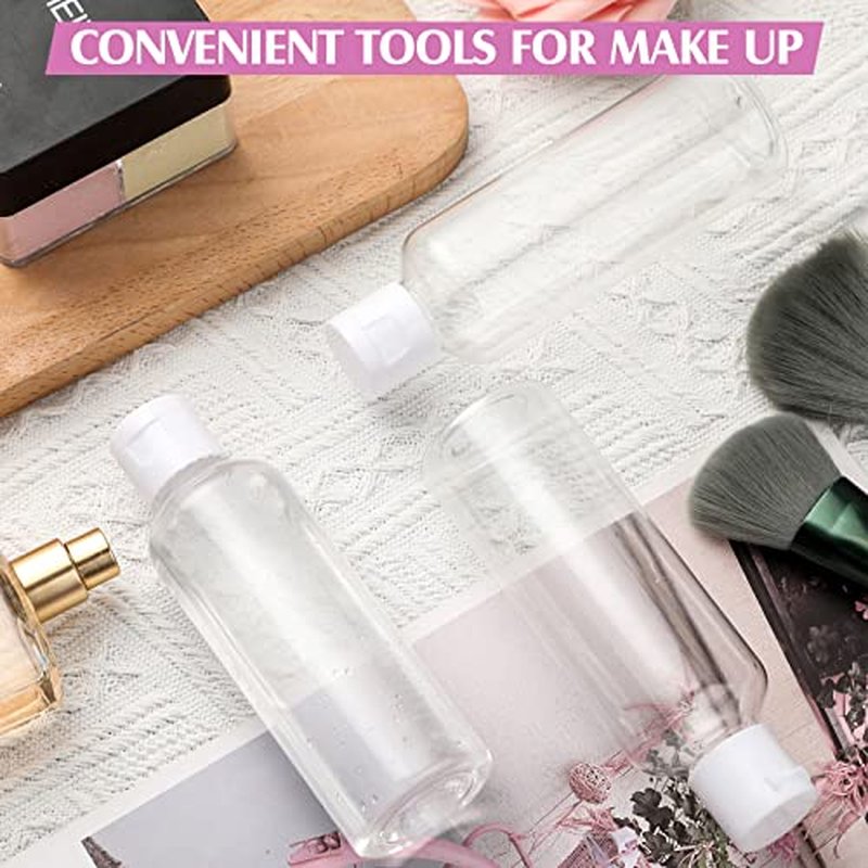 50 Pcs 3.4 oz Small Travel Bottles Plastic Empty Squeeze Bottle Clear Refillable Shampoo Container with 2 Funnel for Liquids Cream Cosmetic Toiletries(Clear, White)