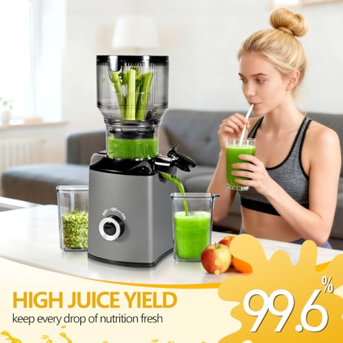 Threeall Deep Grey Cold Press Juicer with 5.8" Wide Feed Chute, Slow Masticating