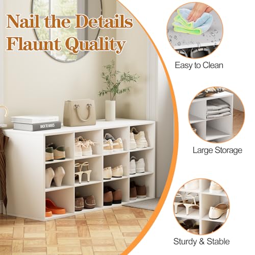 12-Cubby Shoe Rack 3-Tier Wood Organizer Bench - White, Multifunctional Entryway Storage