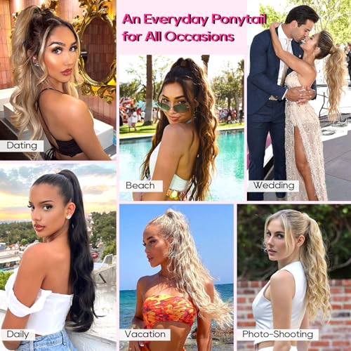 REECHO 24 Inch Curly Wavy Ponytail Extension - Strawberry Blonde Clip-In Hairpiece for Women