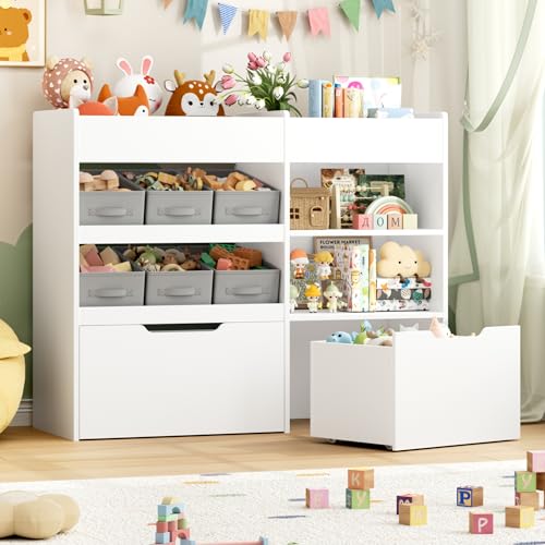 Kids Toy Storage Organizer with Bookshelf & Rolling Drawers - Safe & Space-Saving