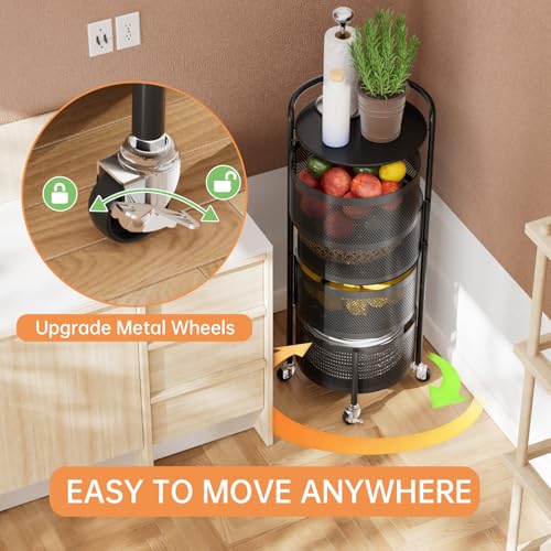 4-Tier Rotating Kitchen Storage Rack - No Assembly Metal Basket Organizer, Black