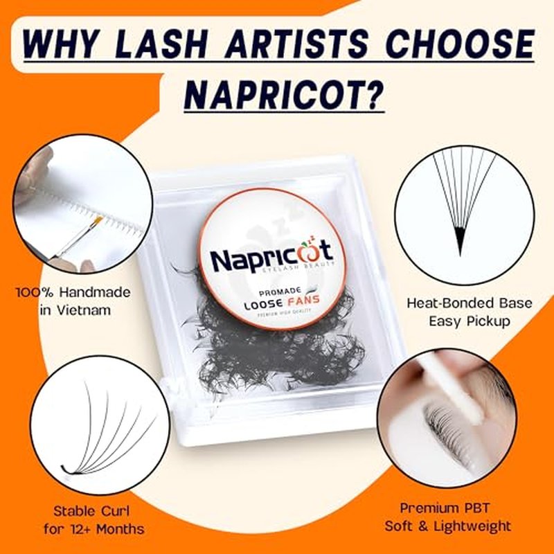 500 Promade Fans - 5D 0.07 Size 10mm Curl D, Napricot Volume Premade Eyelash Fans Extension - Promade Lash Fans for Eyelash Extensions, Middle Stem, Fluffy, Soft - 2 Pairs Eye Pads Lash Extensions