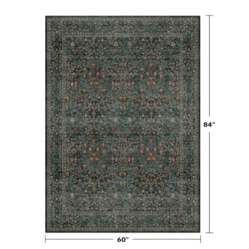 Dark Green & Black Floral Indoor Rug 5x7 Vintage Boho Non-Slip Washable Mat