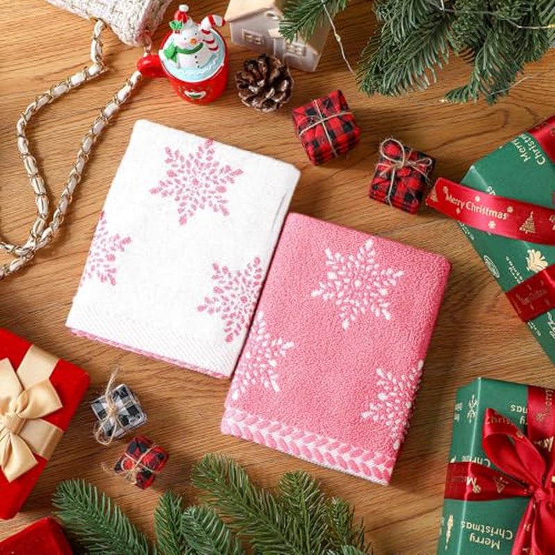 6 Pcs Christmas Washcloths Cotton Wash Cloths 13 X 13 Winter Xmas Kitchen Small Face Towels Absorbent Soft Bath Towels for Christmas Holiday Party Decor(Pink,Snowflakes)