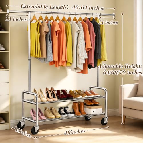 Silver Heavy Duty Stainless Steel Clothes Rack 760LBS Load Adjustable & Rolling