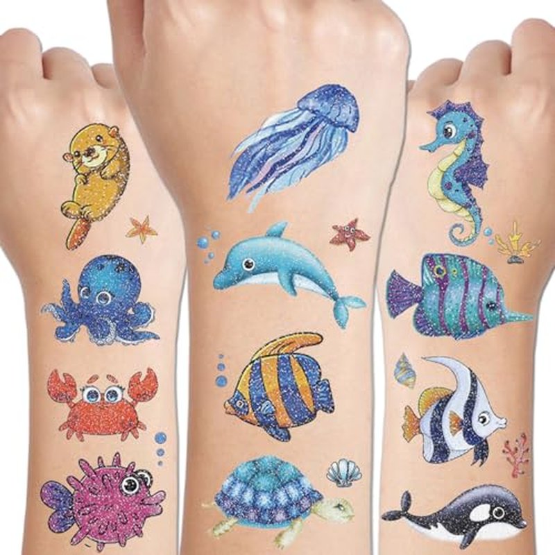 120 Glitter Styles Under the Sea Creature Temporary Tattoos for Kids Party Supplies - Sea Creature Tattoos for Boys Girls Ocean Birthday Party Favors Goodie Bag Fillers