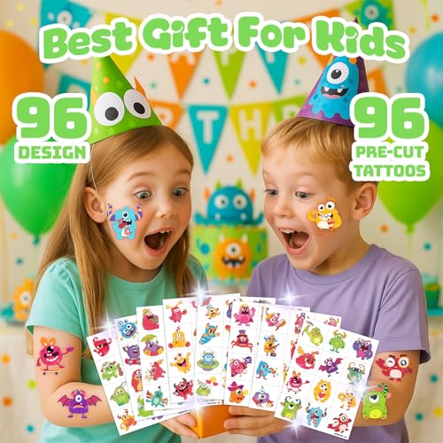 96 PCS Monster Pre-Cut Temporary Tattoos for Kids | Super Cute Monster Themed Birthday Party Favors, Supplies, Decorations, Fake Tattoo Stickers, School Rewards Prizes & Gifts for Boys & Girls