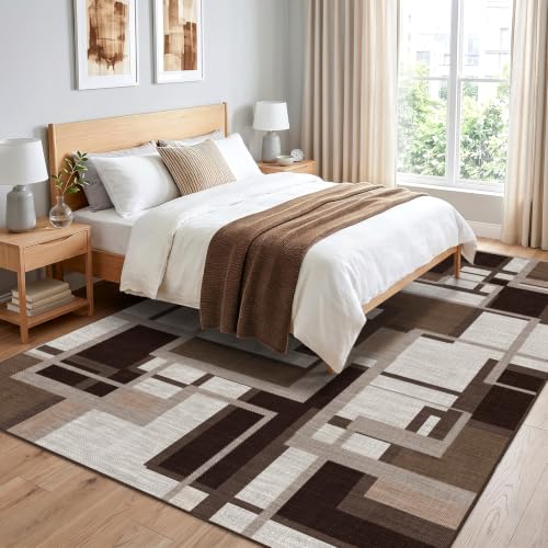 Mocha Brown Geometric Area Rug 6x9 - Washable, Non-Slip Living Room Carpet