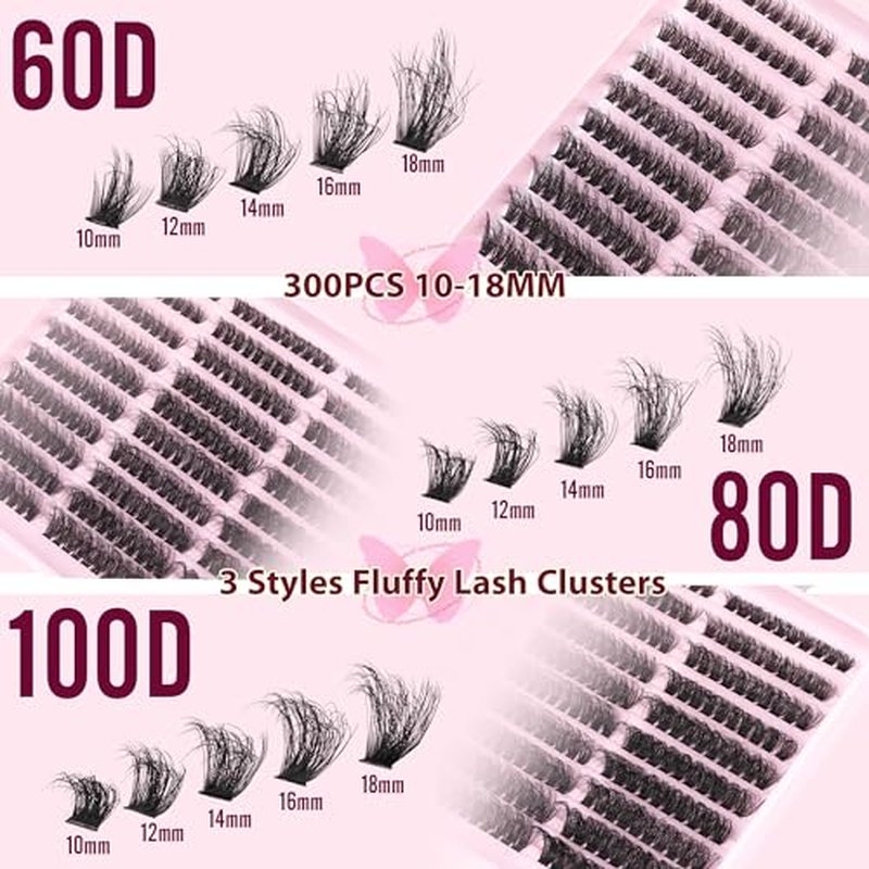 Fluffy Lash Extension Kit 60D+80D+100D Lash Clusters Thick Eyelash Extension Kit 10-18mm Individual Lashes Kit 300PCS Eyelashes Extension with Bond and Seal and Lash Extension Tweezers by TNFVLONEINS