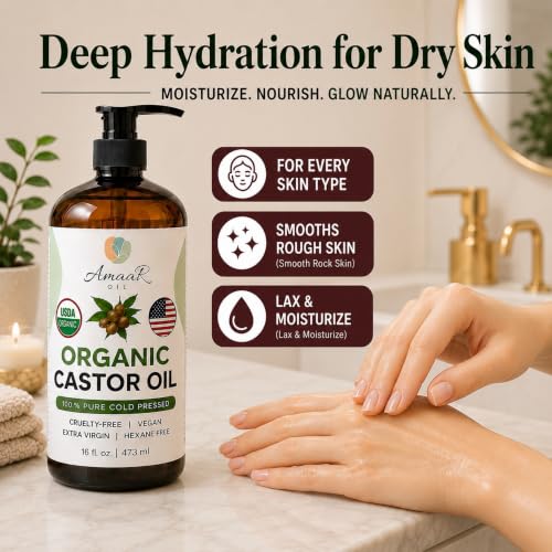 16 oz USDA Organic Cold Pressed Castor Oil - Unrefined Moisturizing Hair & Skin Oil