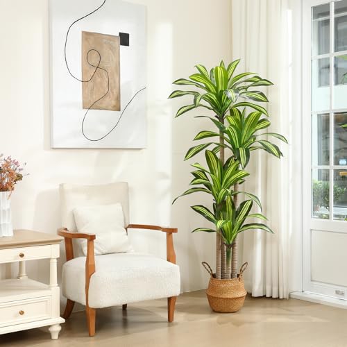 Artificial Dracaena Tree 6 Ft with Black Basket - Indoor Faux Plant, Realistic Decor