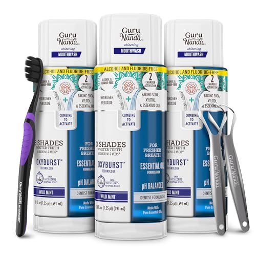 Whitening Mouthwash - Dual Chamber Fluoride-Free, 3 Pack of 20 fl oz with Scrapers & Charcoal Toothbrush