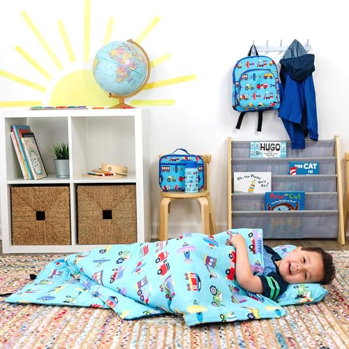 Wildkin Nap Mat with Pillow & Blanket - Trains, Planes, and Trucks Preschool Rest Mat