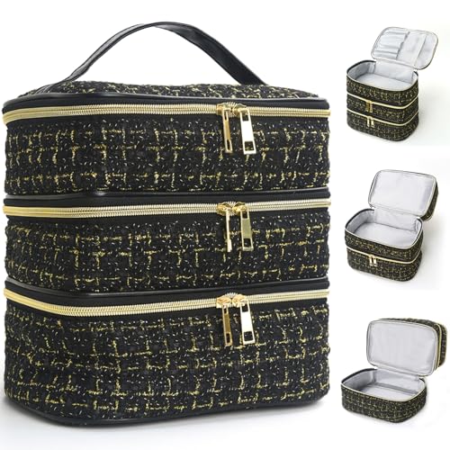 Travel Makeup Bag for Women Three Layer Large Cosmetic Case Water-resistant Toiletry Bag Organizer for Store Toiletries Cosmetic Accessories and Manicure Sets Gold Black
