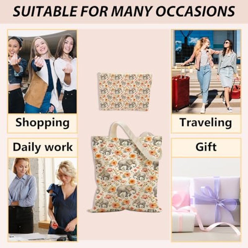 Cute Elephant Gifts Elephant Stuff Merch,2pcs Cosmetic Bag Canvas Tote Bag for Women Set, Shopping Beach Grocery Canvas Tote, Birthday Christmas Friendship Gifts for Women Animal Lovers Girls Sister