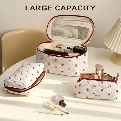 TOPEAST Makeup Bag, Large Quilted Cosmetic Bag, Big Floral Make Up Bag for Women Girls, Cute Cotton Makeup Bag Set, Flower Travel Toiletry Organizer Bag, Zipper Portable Cosmetic Pouch