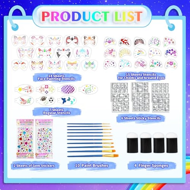 58 PCS Face Paint Stencils for Kids and Adults, 36 Reusable Facial Painting Templates, 6 Sticky Tattoo Stencils, 10 Makeup Brushes, 2 Adhesive Gem Stickers, 4 Finger Sponges for Party Makeup