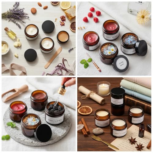 Layhit 60pcs 2 oz Glass Jars with Lids Bulk, Small Jars Containers Travel Storage Jar with Inner Liners Labels for Candle Scrubs, Lotions, Cream, Lip Balm (Amber,Black Lids)