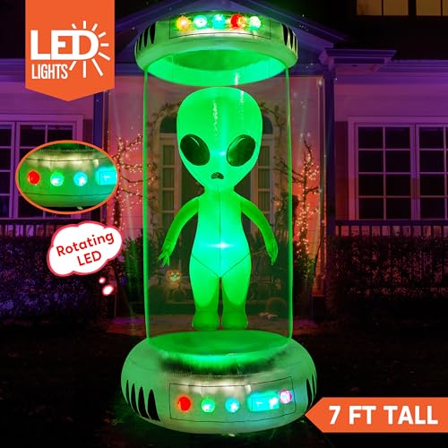 7ft Tall Halloween Inflatable Alien Decoration with Animated LEDs Outdoor Yard Decor