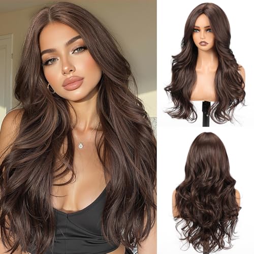 Brown Wigs for Women - 22 Inch Curly Synthetic Hair with Realistic Scalp & Free Parting