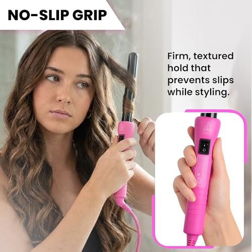 HerStyler Grande Ceramic Curling Iron - 1 Inch Pink Tapered Barrel, Dual Voltage, Negative Ions