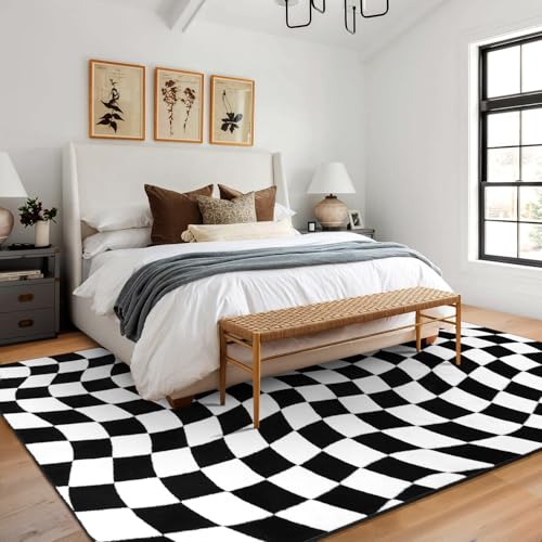 Black 6x9 Checkered Non-Slip Washable Area Rug for Living Room
