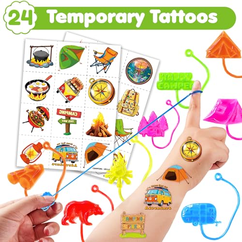 48PCS Camping Party Favors - 24PCS Temporary Tattoos & 24PCS Stick Hands Party - Perfect Birthday Party Supplies, Goodie Bag Stuffers, Treasure Box Toys, Classroom Prizes, and Student Gifts