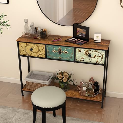 Entryway Console Table with Retro Flower Fabric Drawers and Open Shelf - Narrow Sofa Table for Hallway Living Room Foyer - Variation: Retro Flower / 3 Drawers