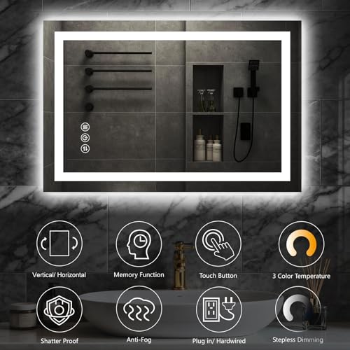 24x32 Inch LED Bathroom Mirror with Lights, Anti-Fog Wall Vanity Mirror - White, 3 Light Modes