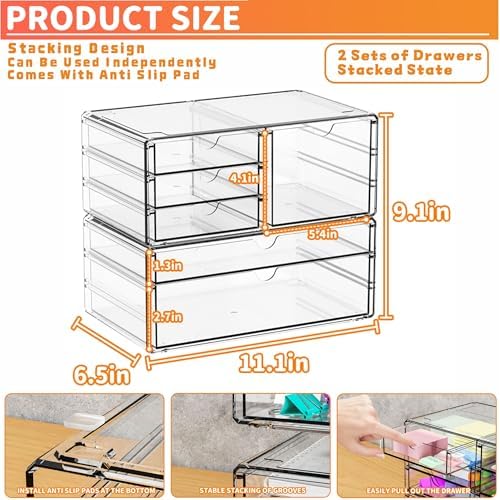 Yieach 2 Pack Acrylic Drawer Organizer With 6 Drawers,Stackable 11.1¡± Large Clear Storage Drawers and Makeup Organizer For Vanity,Bathroom Countertop,Cabinet,Pantry,Office Supply Storage Bins Drawers
